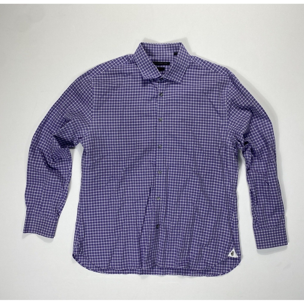 John Varvatos USA Button Shirt Mens 16.5 32/33 Purple Check Casual Career Preppy